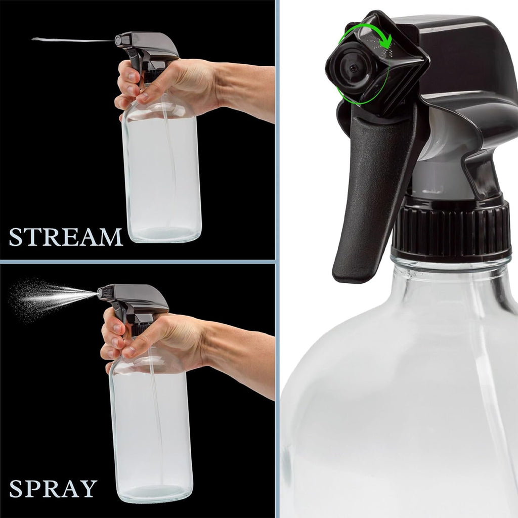 Cornucopia 32oz Glass Spray Bottles (2-Pack, Clear); Quart Bottles w/ 3-Setting Adjustable Trigger Sprayers; Includes Chalk Labels