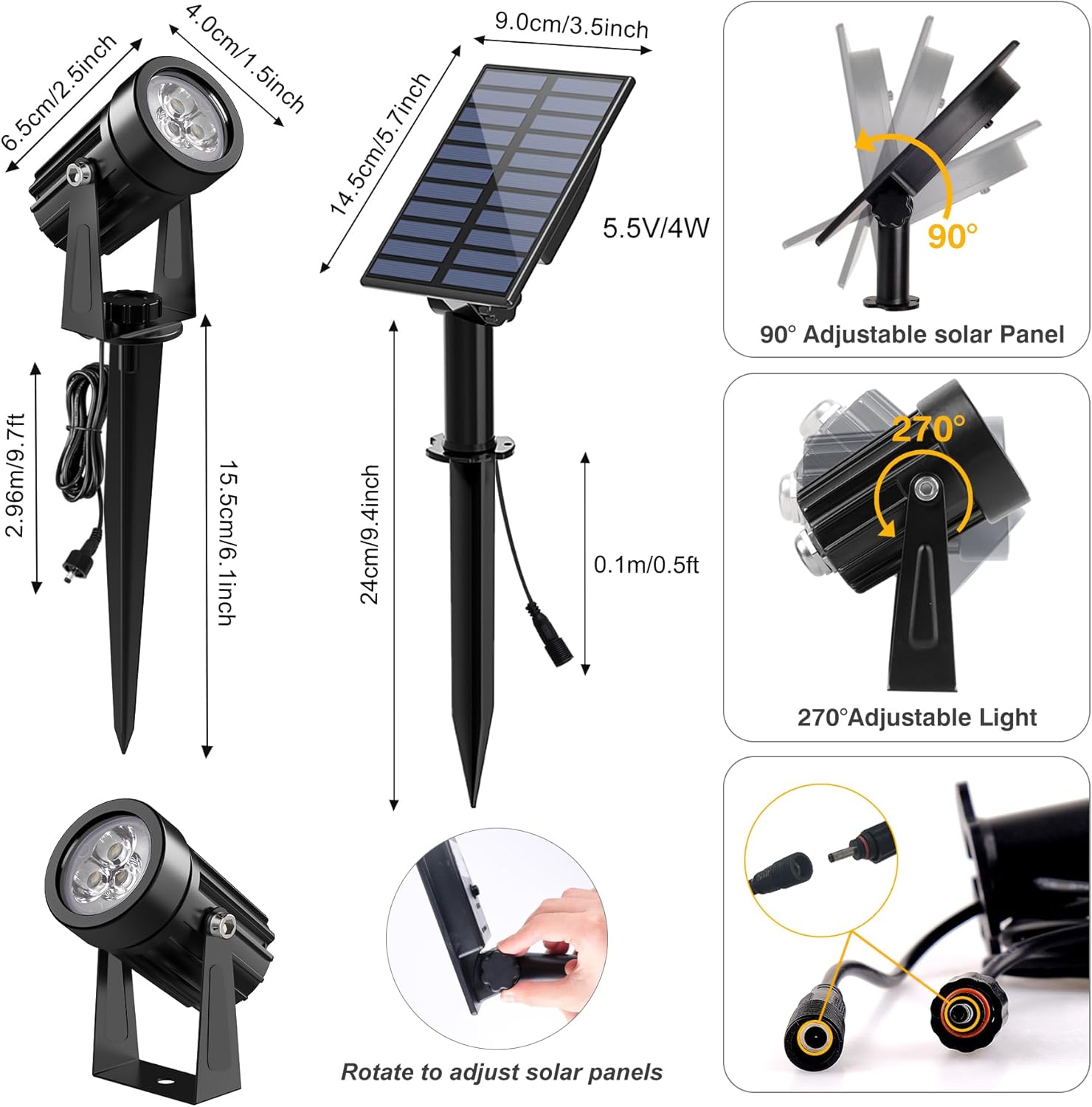 Solar Spot Lights Outdoor, Solar Landscape Spotlights IP65 Waterproof 9.8ft Cable, Auto On/Off Outdoor Wall Lights for Garden Yard Driveway Porch Walkway Pool (1-in-1 3000K Warm White 4 Pack)