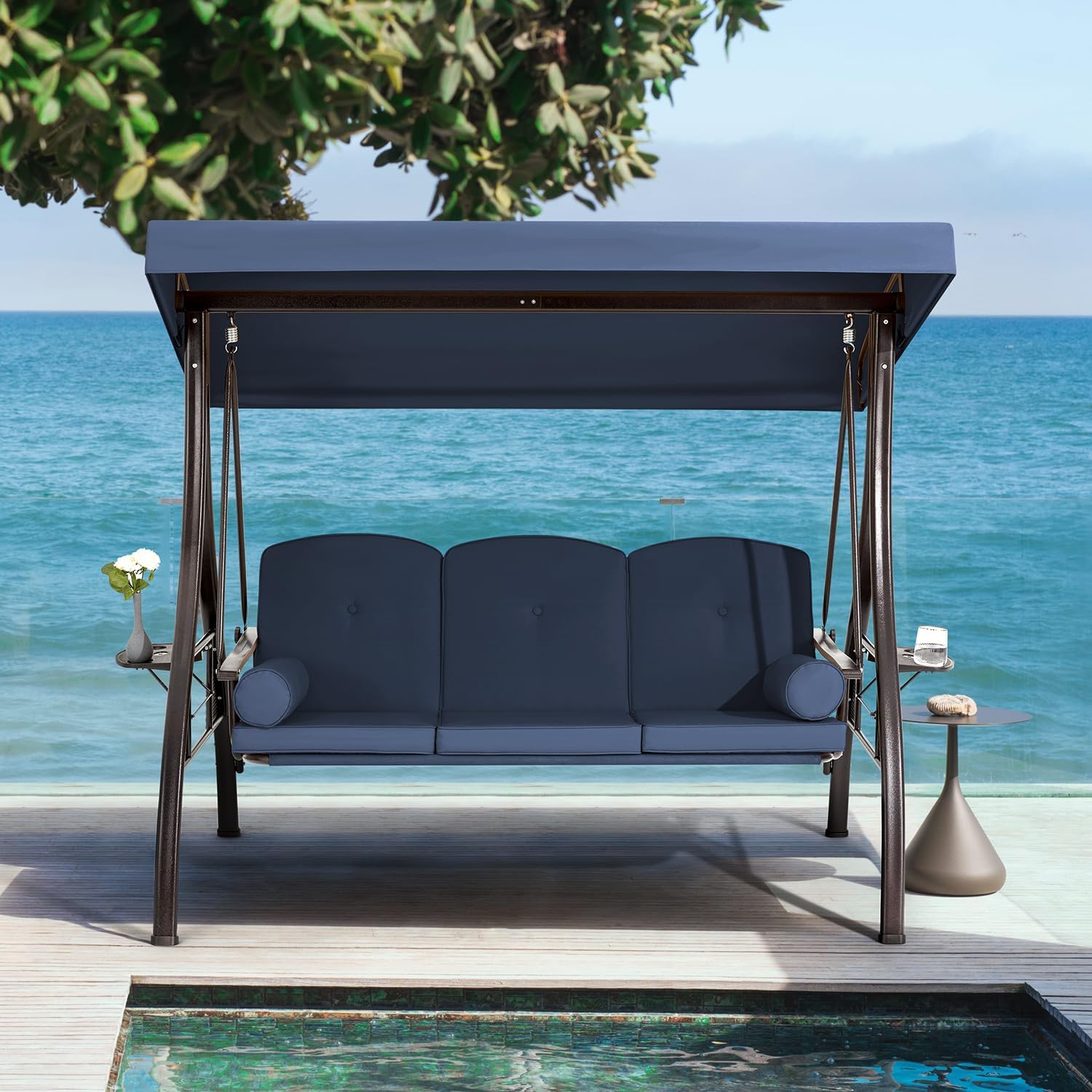 HOMREST 3 Person Outdoor Porch Swing with 1.5" Upgraded Cup Holder, Adjustable Canopy, Backrest, Patio Swing Bed with Weather Resistant Steel Frame, Cushions for Garden,Deck and Poolside(Blue)