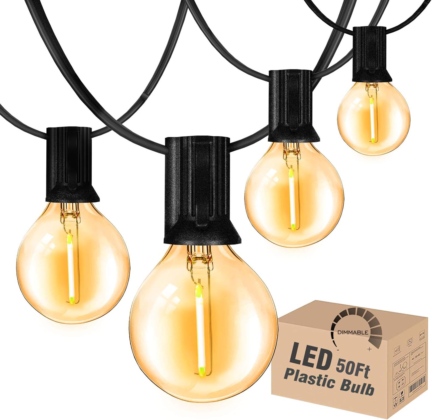 DAMAING Outdoor String Lights LED 50Feet G40 Globe String Lights with 27 Edison Plastic LED Bulbs,2700K Warm Glow Weatherproof for Indoor Outdoor Backyard Bistro Lights
