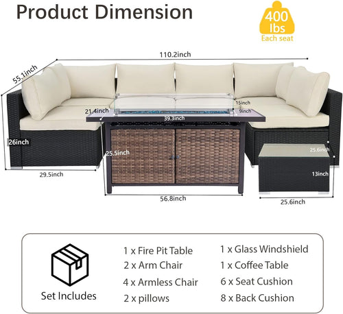 25-Pc Patio Furniture Set - 7 Piece Outdoor Rattan Sofa Set with 57" Fire Table and 17 Accessories, Modular Sofa Set for Garden/Poolside, Beige/Black