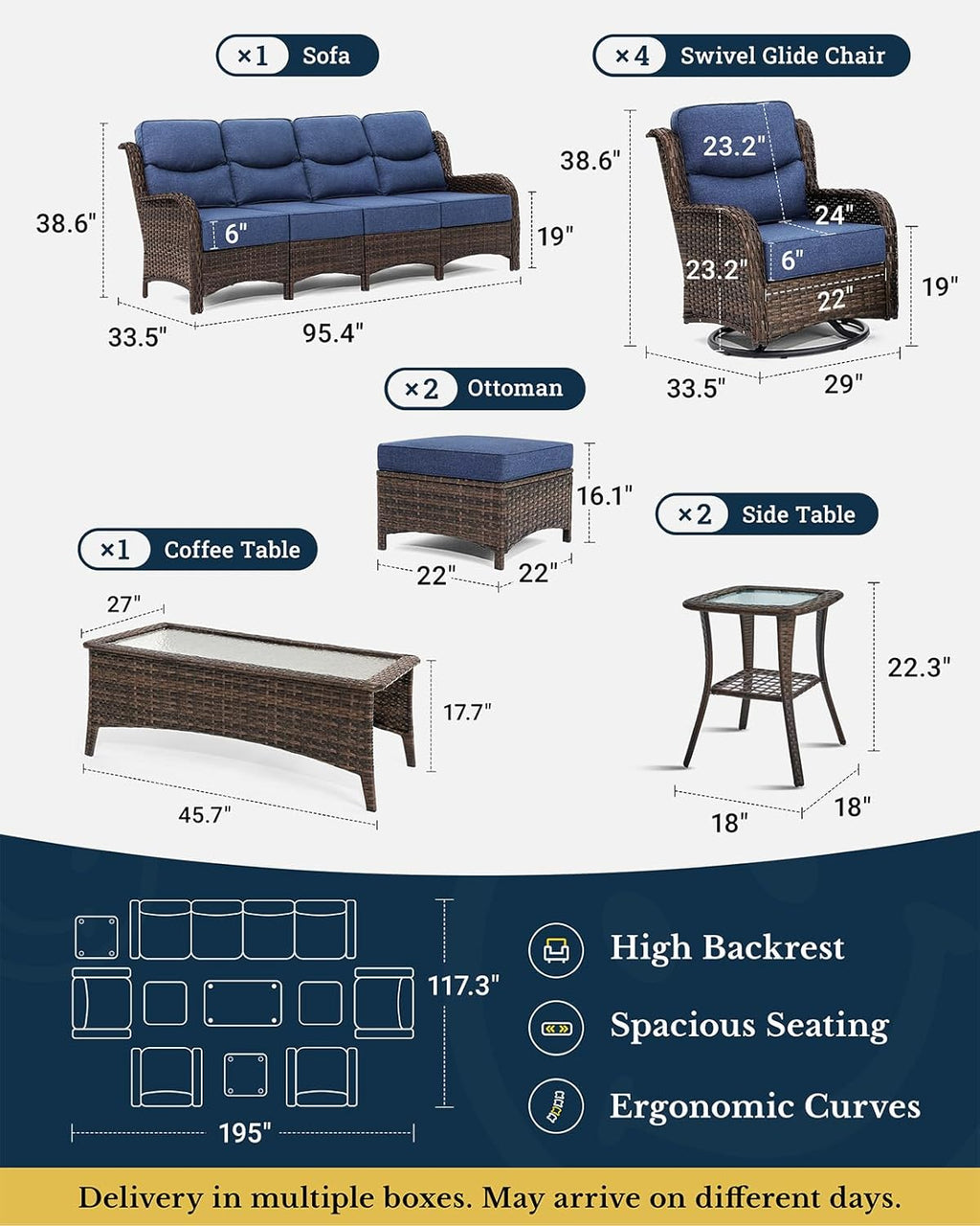 HILLGA Luxury Patio Furniture Set with 6-inch Thick Cushion, Outdoor Sectional Sofa and High Back Swivel Rocker Patio Chairs, 10PCS Wicker Conversation Set for Deck Yard and Poolside, Blue (V2)
