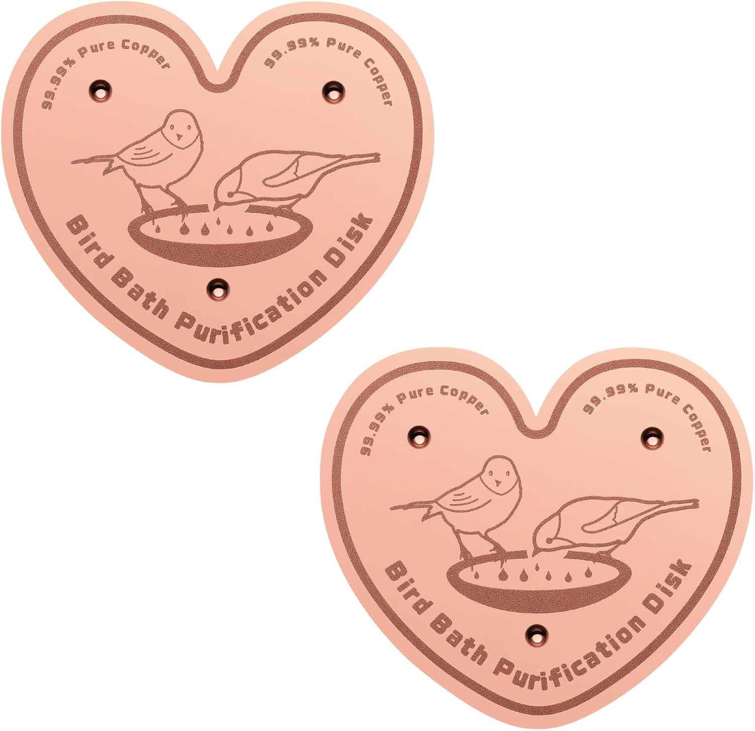 2-Pack 99.99% Pure Copper Bird Bath Purification Disk,Copper Disc with Stable Triple-Point Support,Fits All Outdoor Bird Baths(Heart-Shaped)