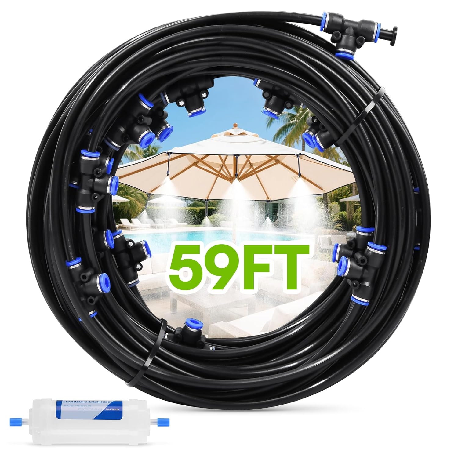 RAINPOINT Misters for Outside Patio - Upgraded 59FT(18M) Misting System Kit with Water Filter for Cooling Outdoor, 59FT Misting Line + 17 Mist Nozzles for Backyard Garden Porch Deck Greenhouse