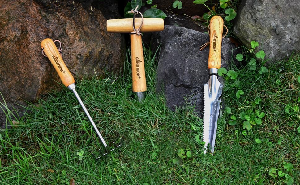 Gardtech Garden Tool Set, Made by Real Ash Wood Handle and Thicken Stainless Steel- 3 Pcs Including Garden Hand Trowel, Transplant, Cultivator-Gardening Gifts for Gardener