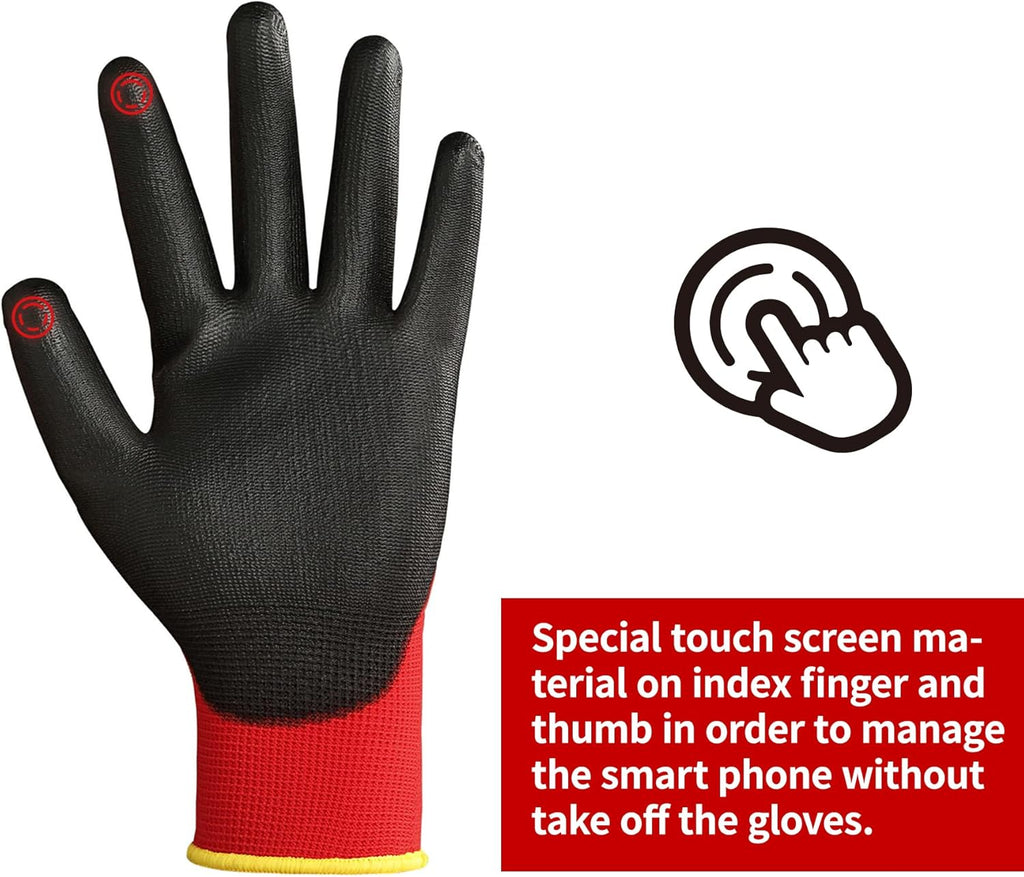 DULFINE Safety Work Gloves PU Coated for Men and Women-12 Pairs,Red Seamless Knit Glove with Two Fingers Touchscreen,Ideal for General Duty Work (Extra Large)