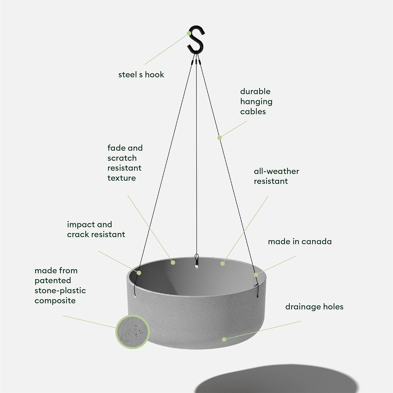 Veradek Mason Series Hanging Kona Planter - Round Planter for Outdoor Balcony/Patio | Made from Plastic-Stone Composite with Hanging Attachment | Modern Décor for, Flowers, Succulents, Small Plants