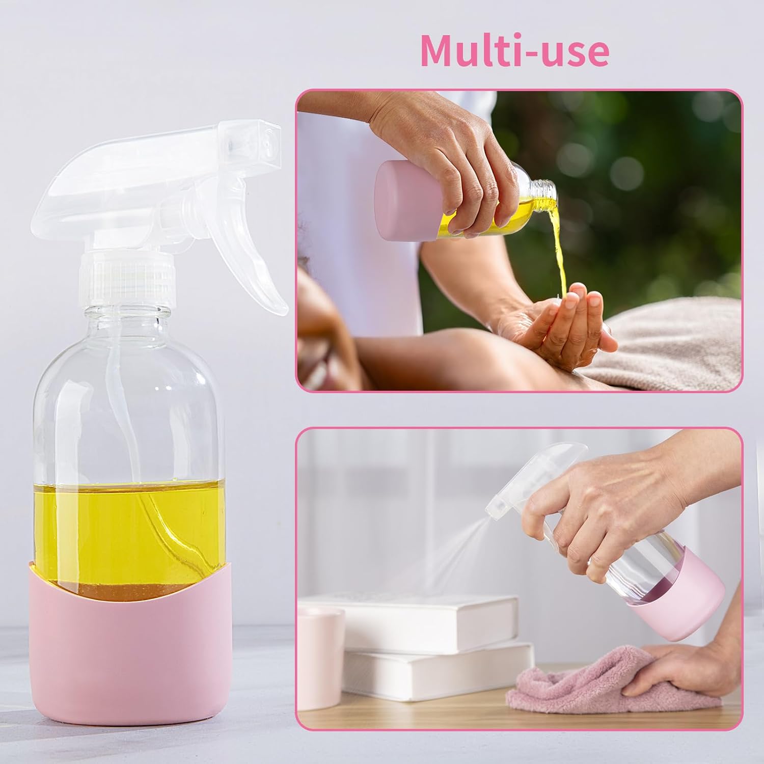 HOMBYS 8 Oz Empty Clear Glass Spray Bottles with Silicone Sleeve Protection Refillable Containers for Cleaning Solutions, Essential Oils, Misting Plants - Quality Sprayer - 1 Pack Boston Bottles