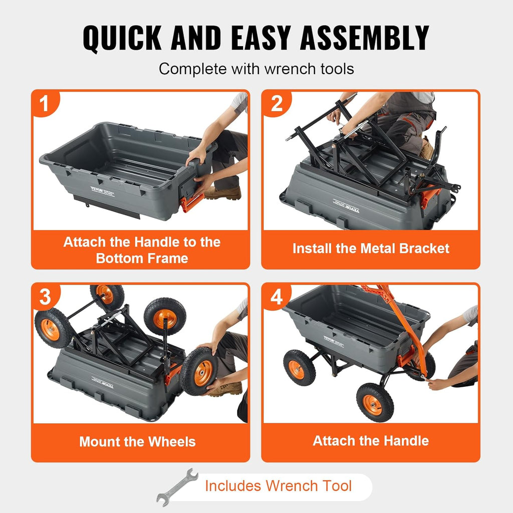 VEVOR 1500lbs Poly Garden Dump Cart Wheelbarrow Wagon with 2 in 1 Convertible Handle, Heavy Duty Yard Cart Wagon for with 13in All Terrain Wheels, Dump Trailer Tow Behind for Lawn Mower Tractor