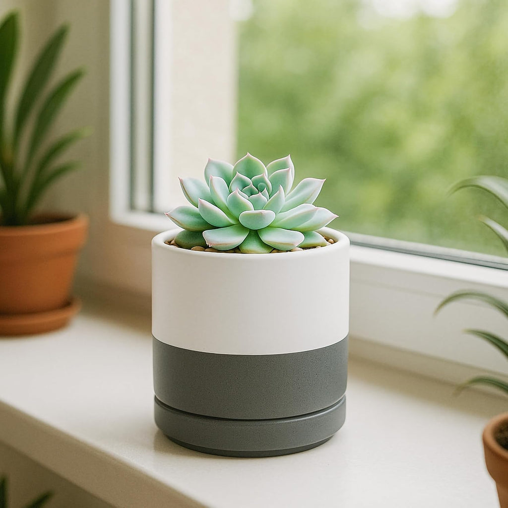 D'vine Dev 3.5 Inch Ceramic Planter Pot with Drainage Hole and Saucer, Indoor Cylinder Round Planter Pot, White/Speckled Grey, 94-O-A-6