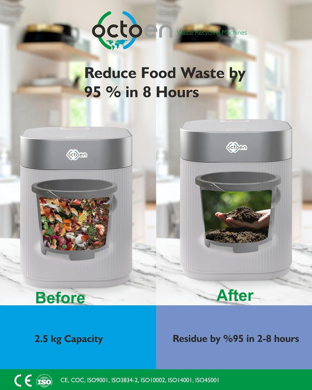 3L Electric Kitchen Composter w/ 2 Free Filters, 3 Modes w/Auto Cleaning UV-C Light Sanitizer, Rapid Conversion Within 2-8 Hours. Indoor/Outdoor, Turn Food Waste to Fertilizer for Garden, by OCTOEN