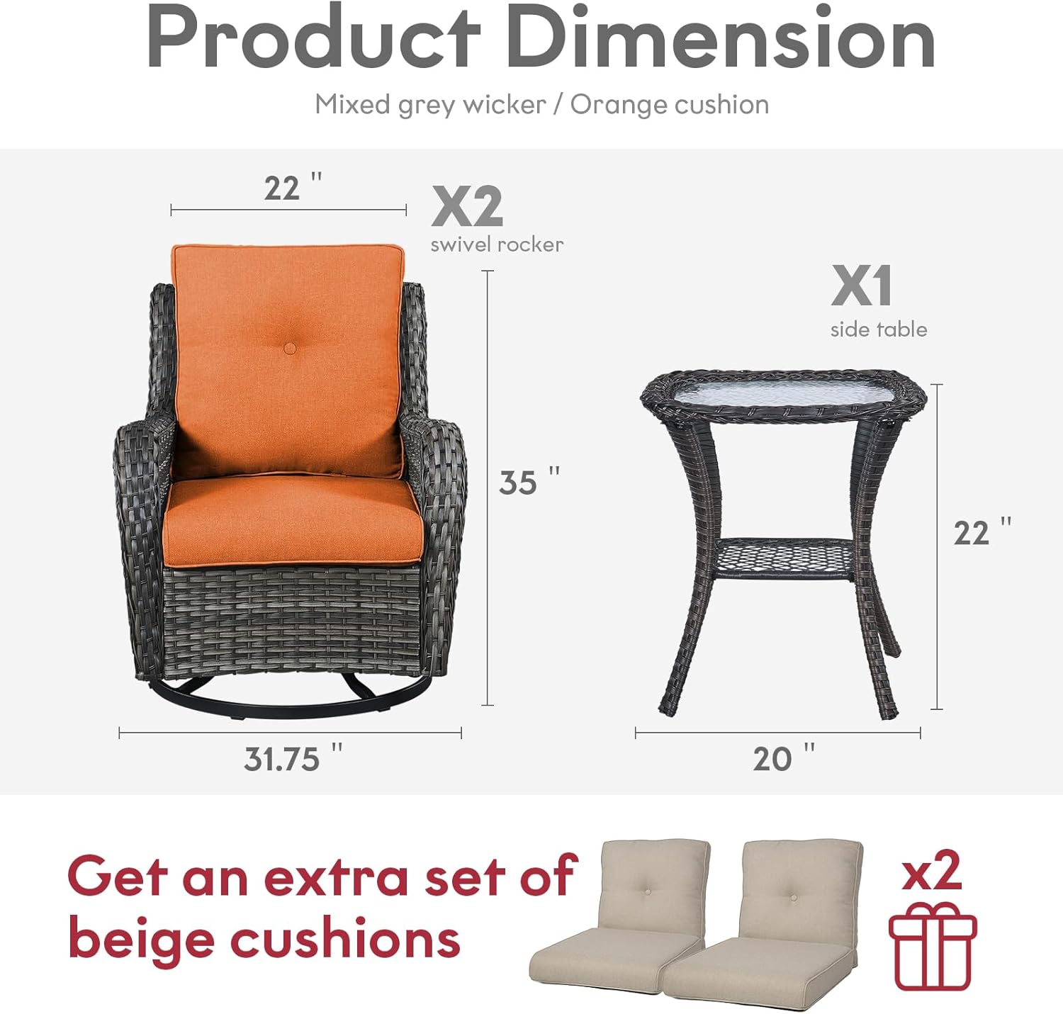 Outdoor Swivel Rocker Wicker Chairs Set of 3, High Back Swivel Patio Chairs Wicker Furniture Set, 2 PCS Rattan Swivel Rocking Chair with Side Table, Orange Cushion