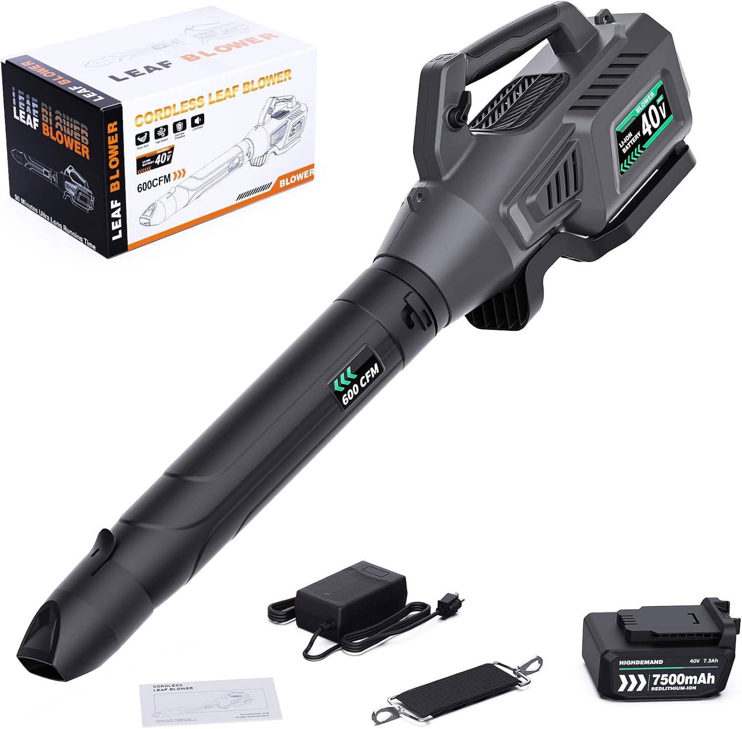 Leaf Blower Cordless, 40V 600CFM &180MPH Electric Leaf Blower with 7.5Ah Battery, Fast Charger and Extension Tube for Blowing Leaves Snow for Yard Garden Lawn Care, Grey