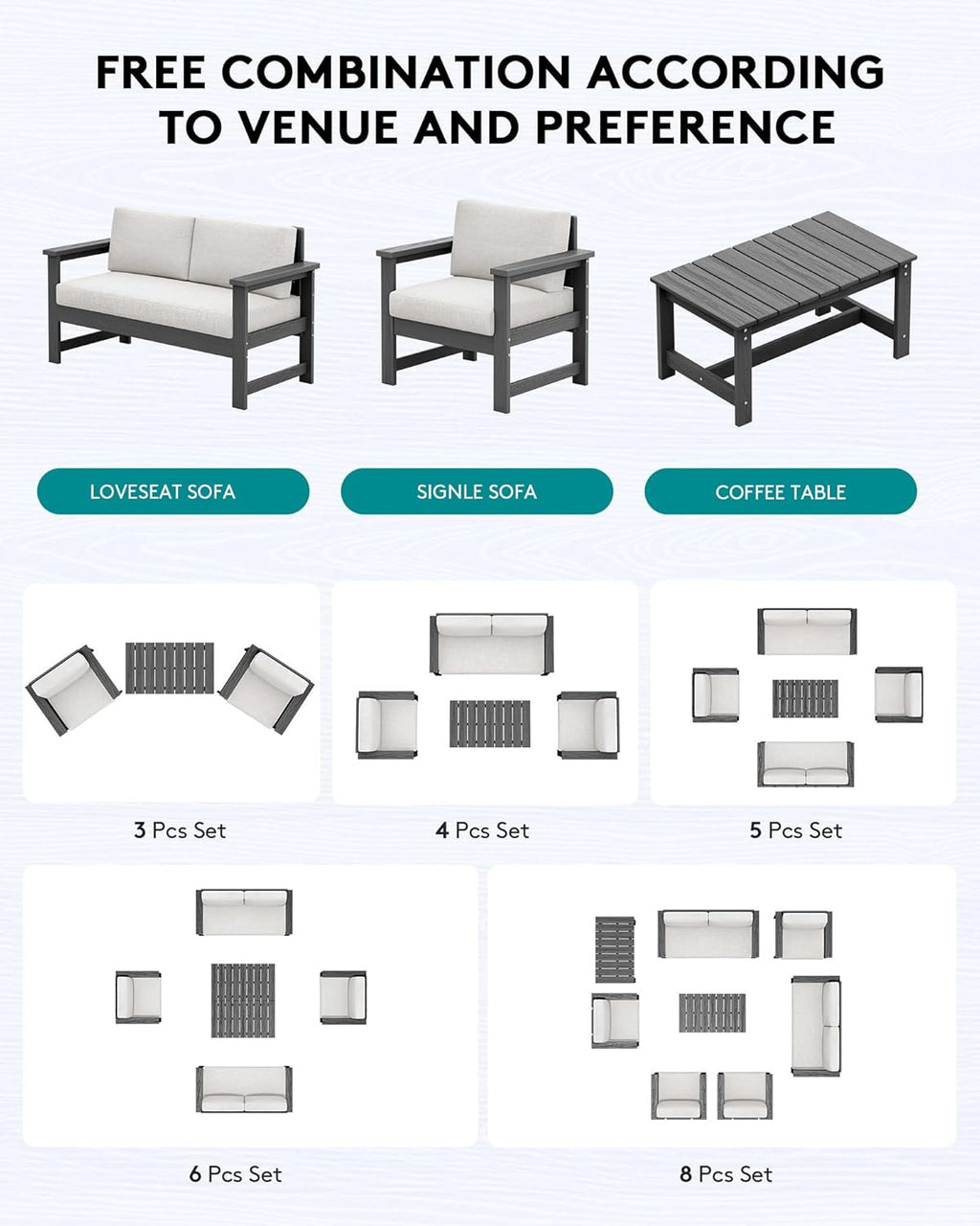 SERWALL 8 Pieces HDPE Outdoor Conversation Sofa Set with Cushions, All Weather Use Couch Loveseat Furniture Set with Pads, Outdoor Social Sofa Coffee Table Set, Grey Frame with Khaki Cushions