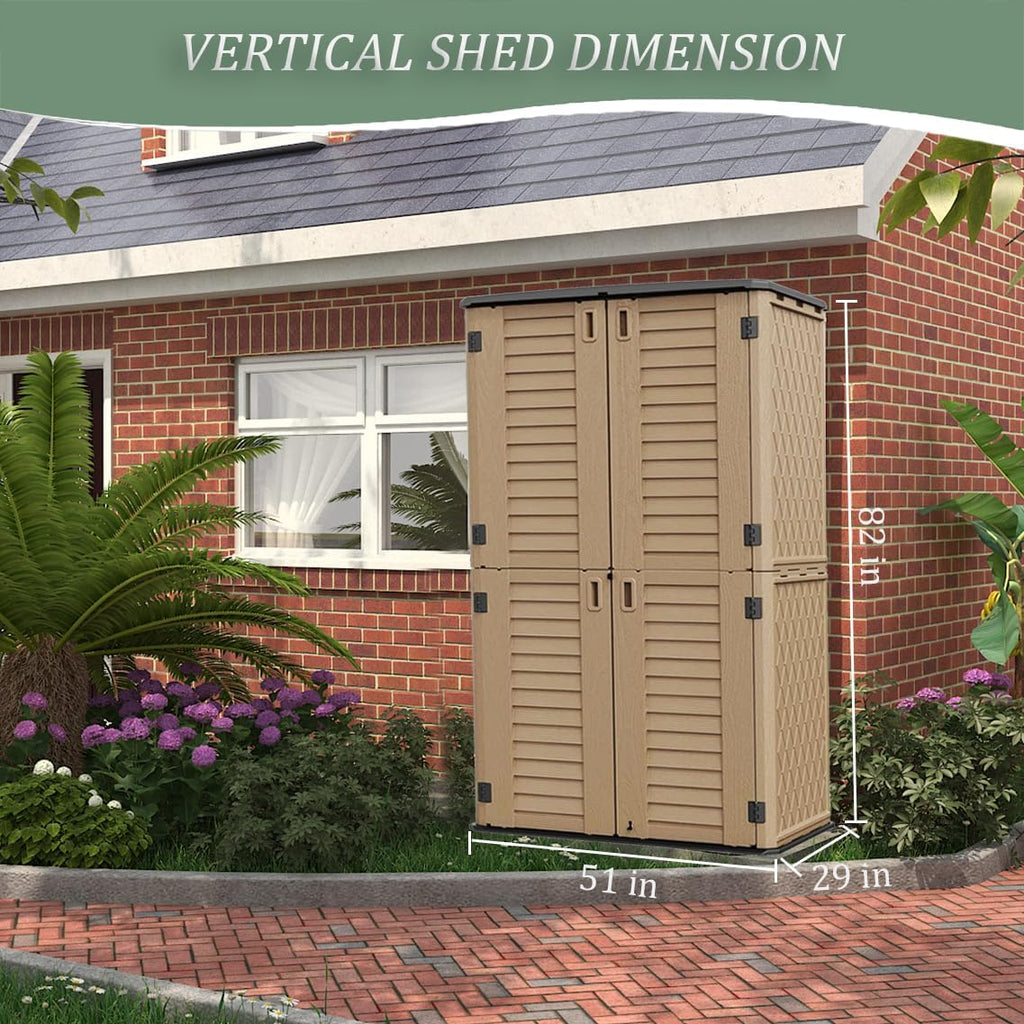 HOMSPARK Storage Shed Weather Resistance, Multi-Purpose Outdoor Storage Cabinet for Backyards and Patios, Horizontal Storage Shed for Lawnmower, Patio Accessories (Coffee, Tall - 53 cu.ft)