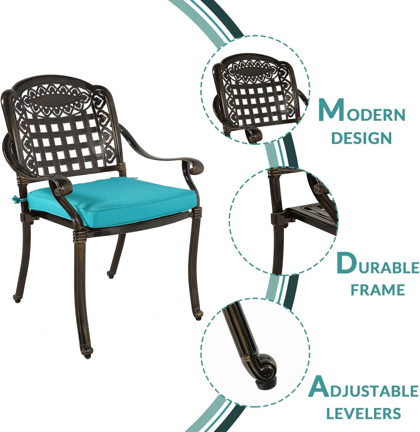 MEETWARM 3 Piece Patio Bistro Set, Outdoor All-Weather Cast Aluminum Dining Furniture Set Includes 2 Chairs with Cushions and a 35.4” Round Table with Umbrella Hole for Garden Deck, Ocean Blue