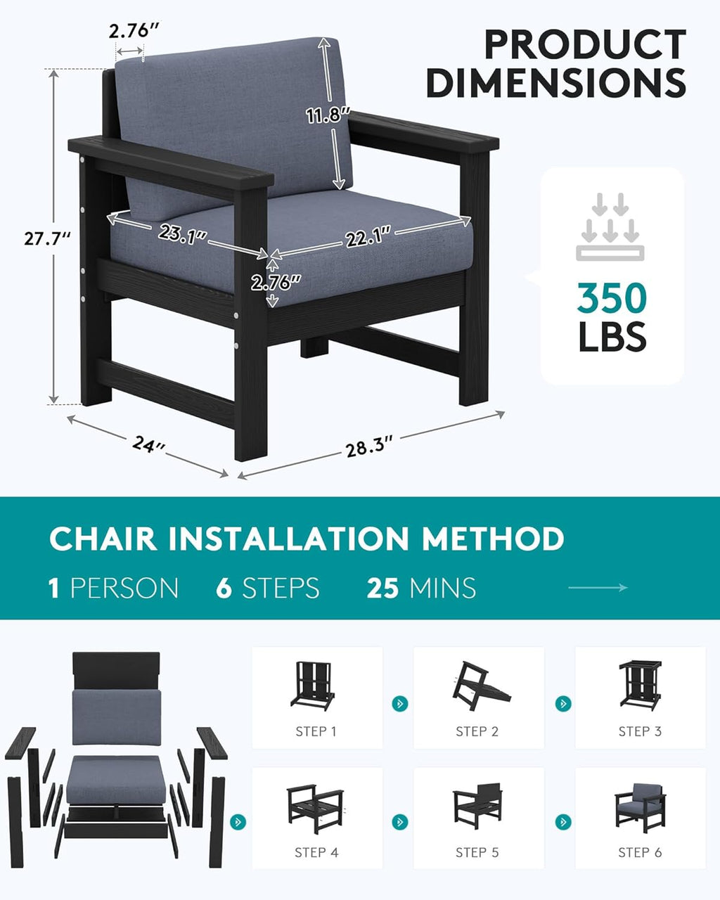 SERWALL 2 Pieces Single Cushioned Lounge Chair, Black HDPE Outdoor Adirondack Sofa Armchair with Grey Cushion