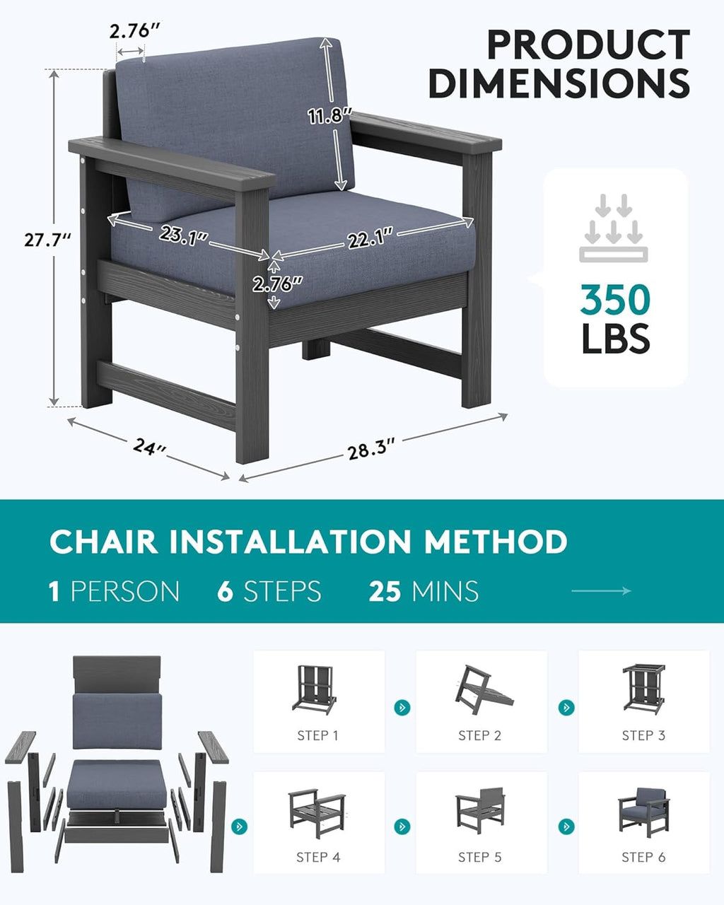 SERWALL 2 Pieces Single Cushioned Sofa Chair, Grey HDPE Outdoor Adirondack Lounge Armchair with Grey Cushion