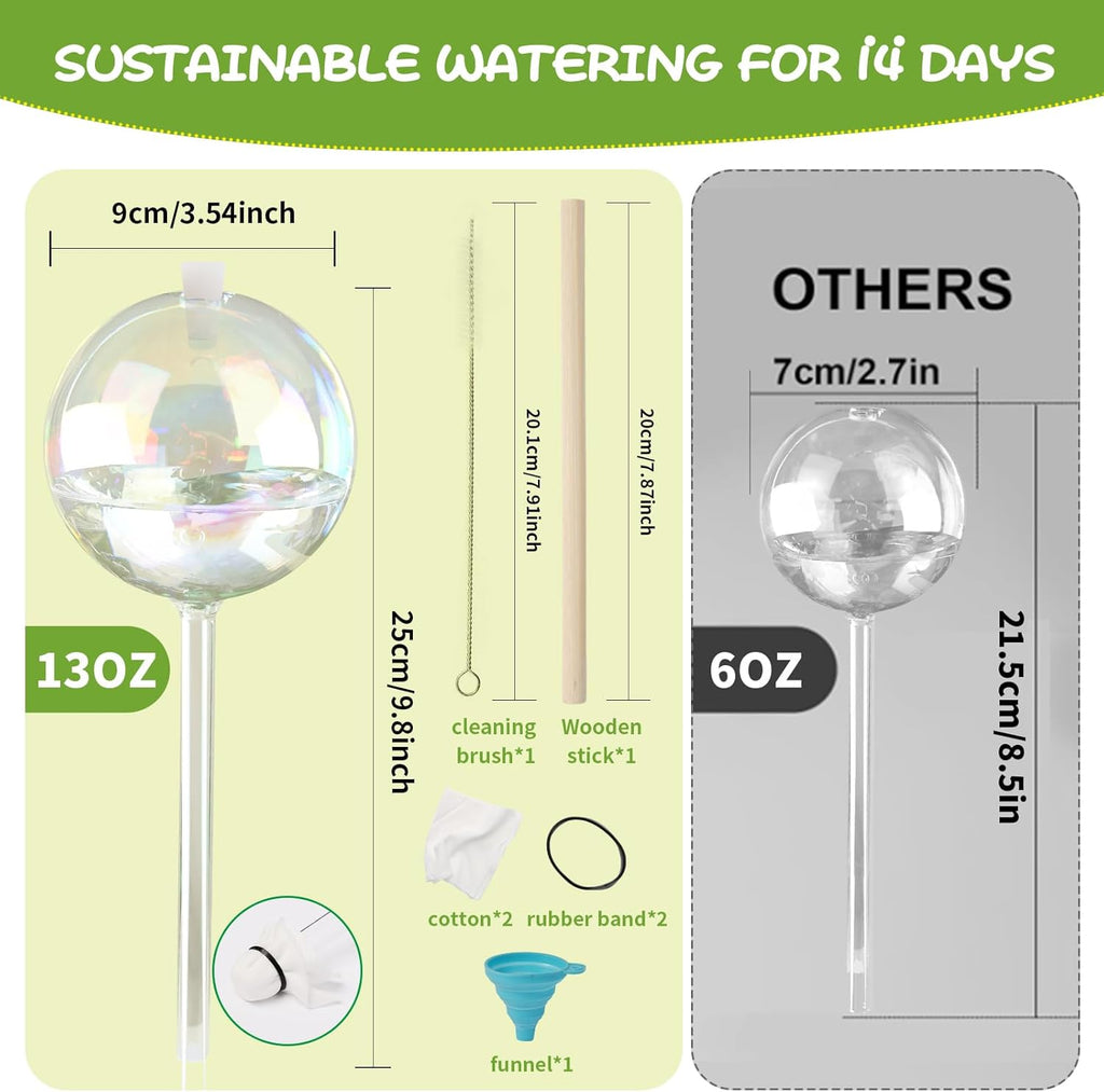 13 oz Up to 2 Weeks Large Self-Watering Plant Watering Globes, Self Watering Planter Insert, Glass Bulbs for Indoor & Outdoor Plants - Automatic Watering While Away or Vacation (Large 2-Pack)