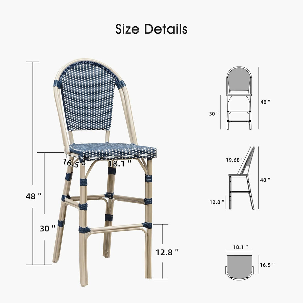 PURPLE LEAF French Bar Stool Set of 4 White Print Finish Patio Bar Stools with Back Rattan Bar Chairs Wicker Bar Height Stool 30" with Footrest Kitchen Island Stools Outdoor Barstool Royal Blue