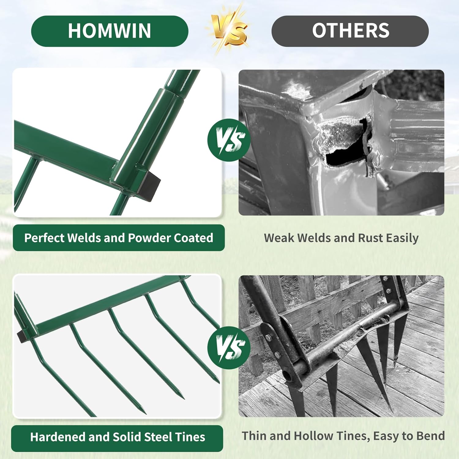 Broadfork Garden Tool with Steel Handle Heavy Duty Five Tines Broad Fork for Gardening Loosening and Aerating Soil, U-Shaped Design Hand Tiller, Compost Turner and Aerator