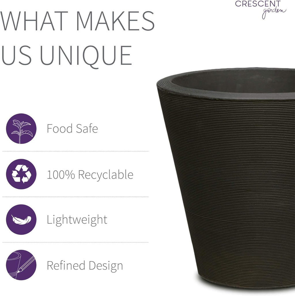 Crescent Garden Madison Planter– Weather-Resistant, Double Walled Indoor/Outdoor Plant Pot with Drain Hole – Durable All-Season Flower Container, 14" W (Caviar Black)
