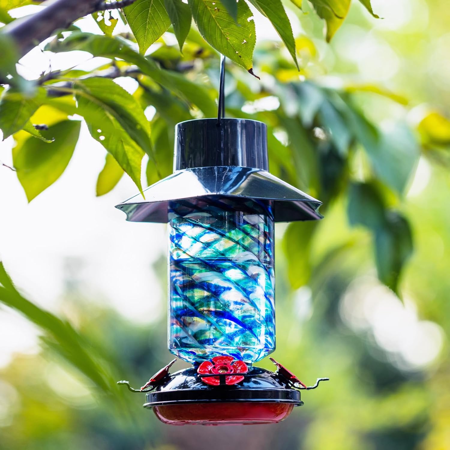 Muse Garden Gifts for Women Solar Hummingbird Feeders for Outdoors Hanging Ant and Bee Proof, Hand Blown Glass Lantern Garden Decor, Moms Birthday Unique, 28oz, Blue Mermaid