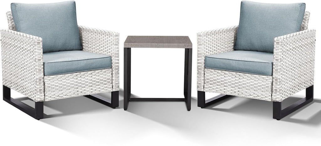 HUMMUH 3-Piece Outdoor PE Wicker Patio Chairs with Metal Frame, Porch Chairs with 4 inch Seat Cushions - Light Blue