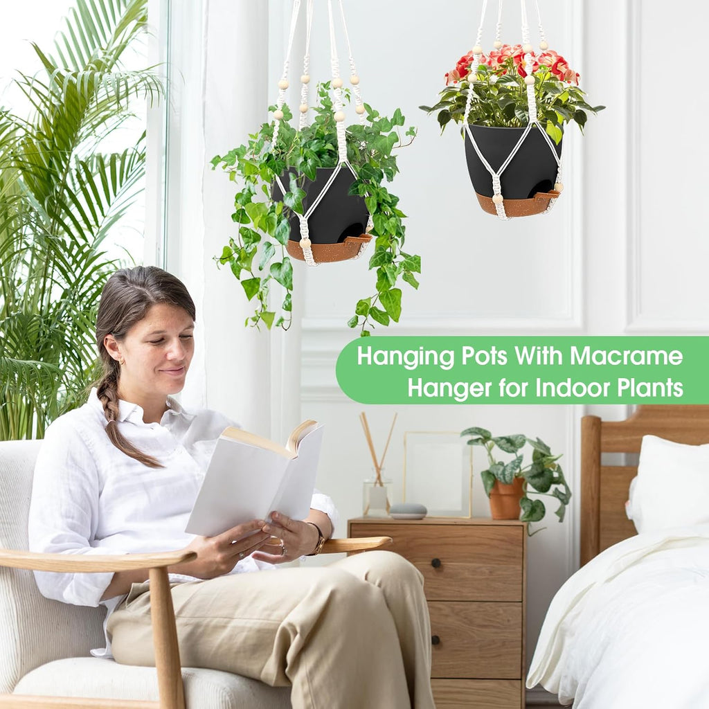 Hanging Planters for Indoor Outdoor Plants, 2 Pack Self Watering Hanging Pots, Hanging Plant Baskets with Drainage Holes & 2 Types of Plant Hangers (Black, 6'')