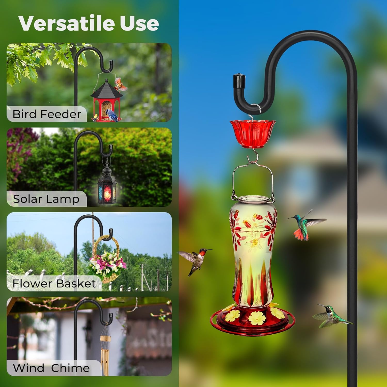 Kingsyard Adjustable Shepherd Hooks for Outdoor - Heavy Duty Bird Feeder Pole with 5 Prong Base, Garden Plant Hanger, Weddings Decor, Solar Light Lanterns, 108 inch