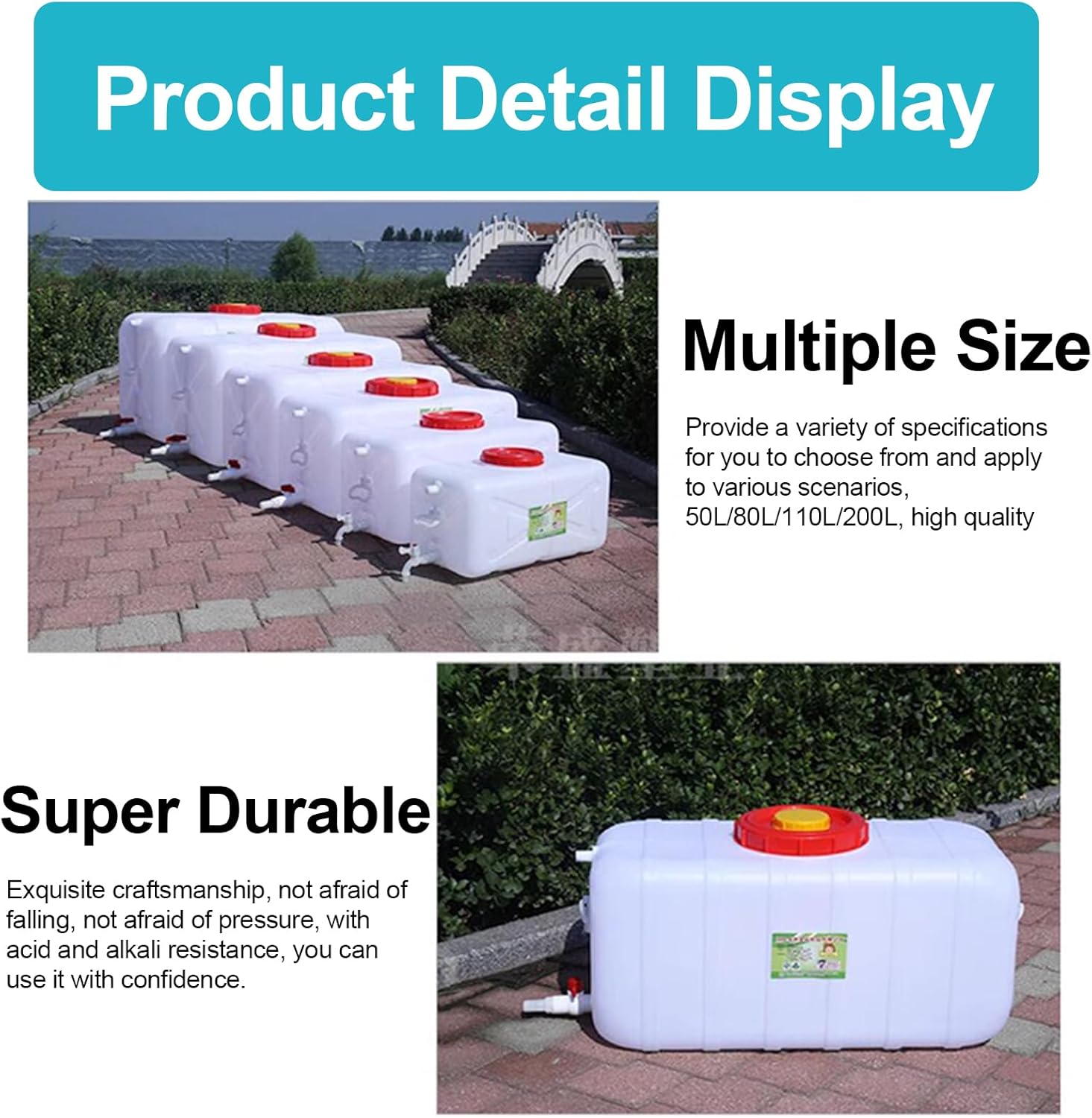 Water Container 50L 80L 110L 200L Heavy Duty Water Bucket Water Carrier, Portable Plastic Water Tank Water Storage for Camping Caravans Hiking Travel BBQ Travel Outdoor(Size:50L)