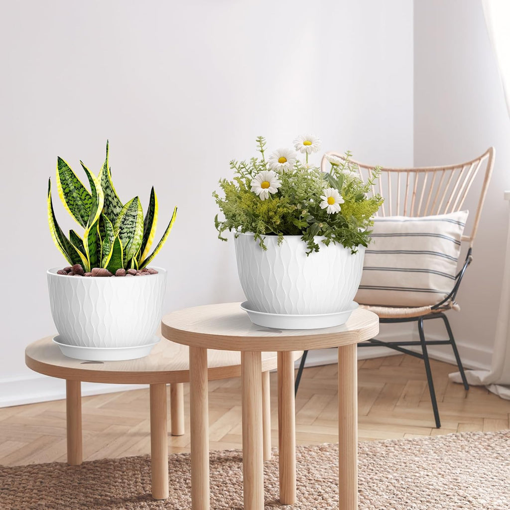 Plant Pots 12/10/9 Inch Pots, Set of 3 Plastic Planters with Drainage Holes and Saucers,Plastic Flower Pots,Nursery Planting Pot for Indoor Out Door Plants（White）