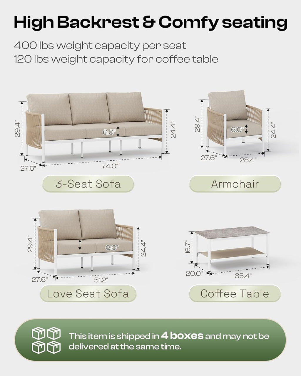 Aluminum Outdoor Patio Couch, 3 Seats HDPE Rope Patio Sofa with Washable Thick Cushion, All-Weather Patio Furniture for Balcony, Yard, White Frame, Ivory
