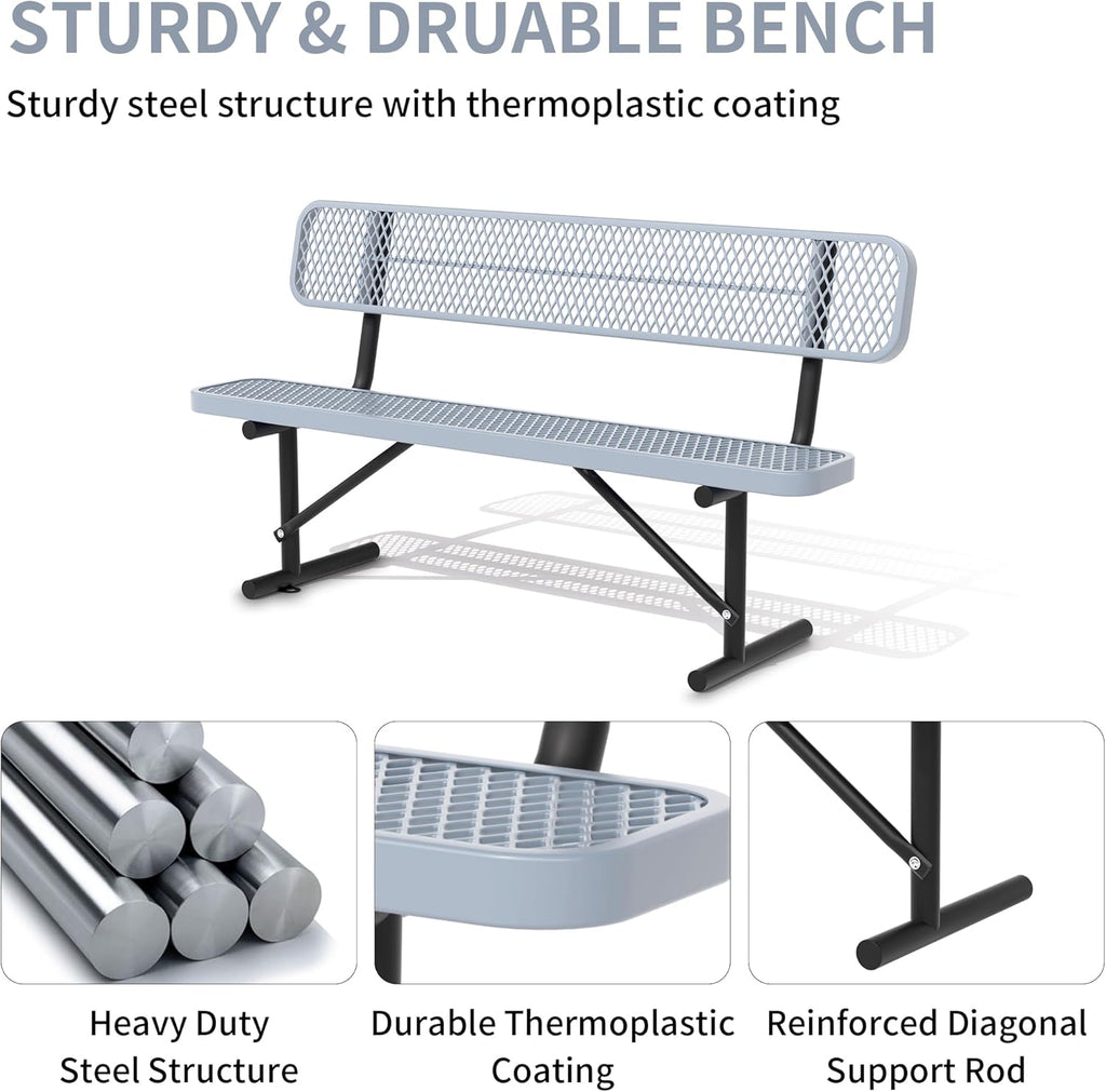 4/6/8 Feet Park Bench for Outside Heavy Duty Metal, Garden Benches Outdoor Bench with Backrest & Portable Frame, for Shopping Malls Stores Parks Patios Decks, Grey
