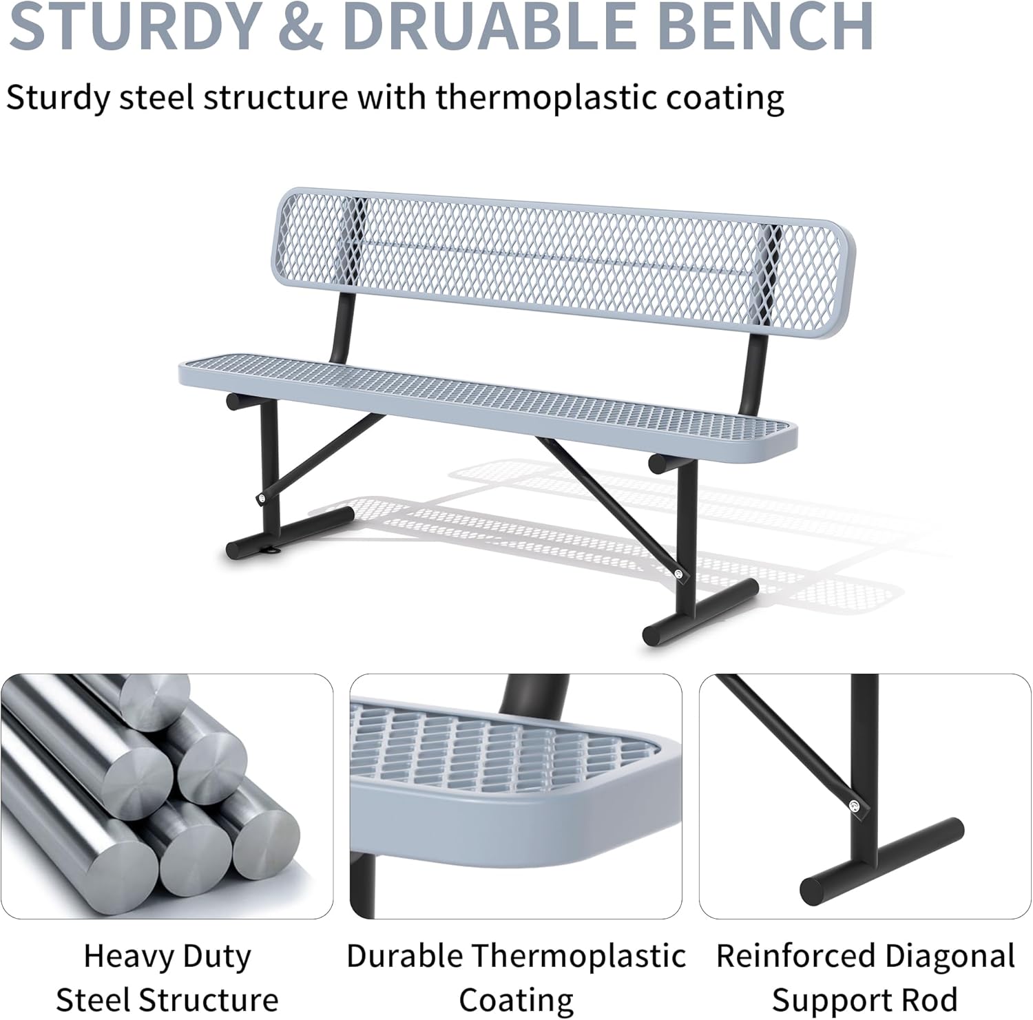 4/6/8 Feet Park Bench for Outside Heavy Duty Metal, Garden Benches Outdoor Bench with Backrest & Portable Frame, for Shopping Malls Stores Parks Patios Decks, Grey