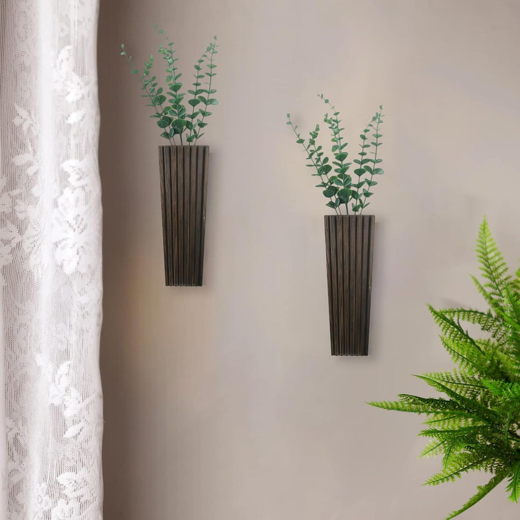 2Pack Brown Wood Wall Planter for Indoor +2Pack Green Plants,Modern Wooden Hanging Planter for Dried Flowers and Plants,Abstract Vase Farmhouse Wood Wall Decor (Brown)