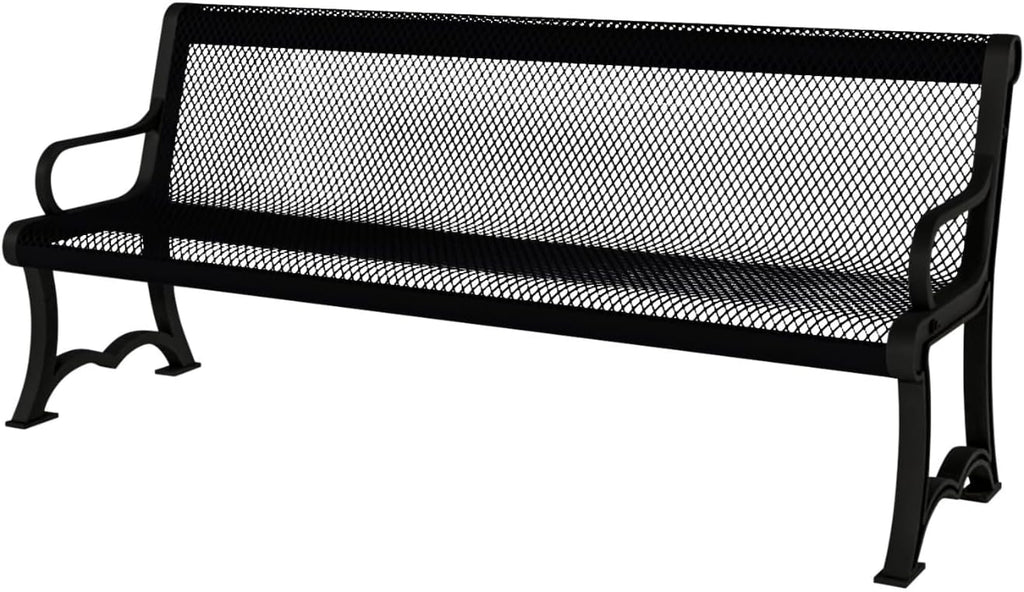Coated Outdoor Furniture Heavy-Duty Outdoor Bench Thermoplastic Coated, Expanded Metal, Commercial-Grade Garden Bench, Made in America (Portable with Back, 4 Ft, Black)