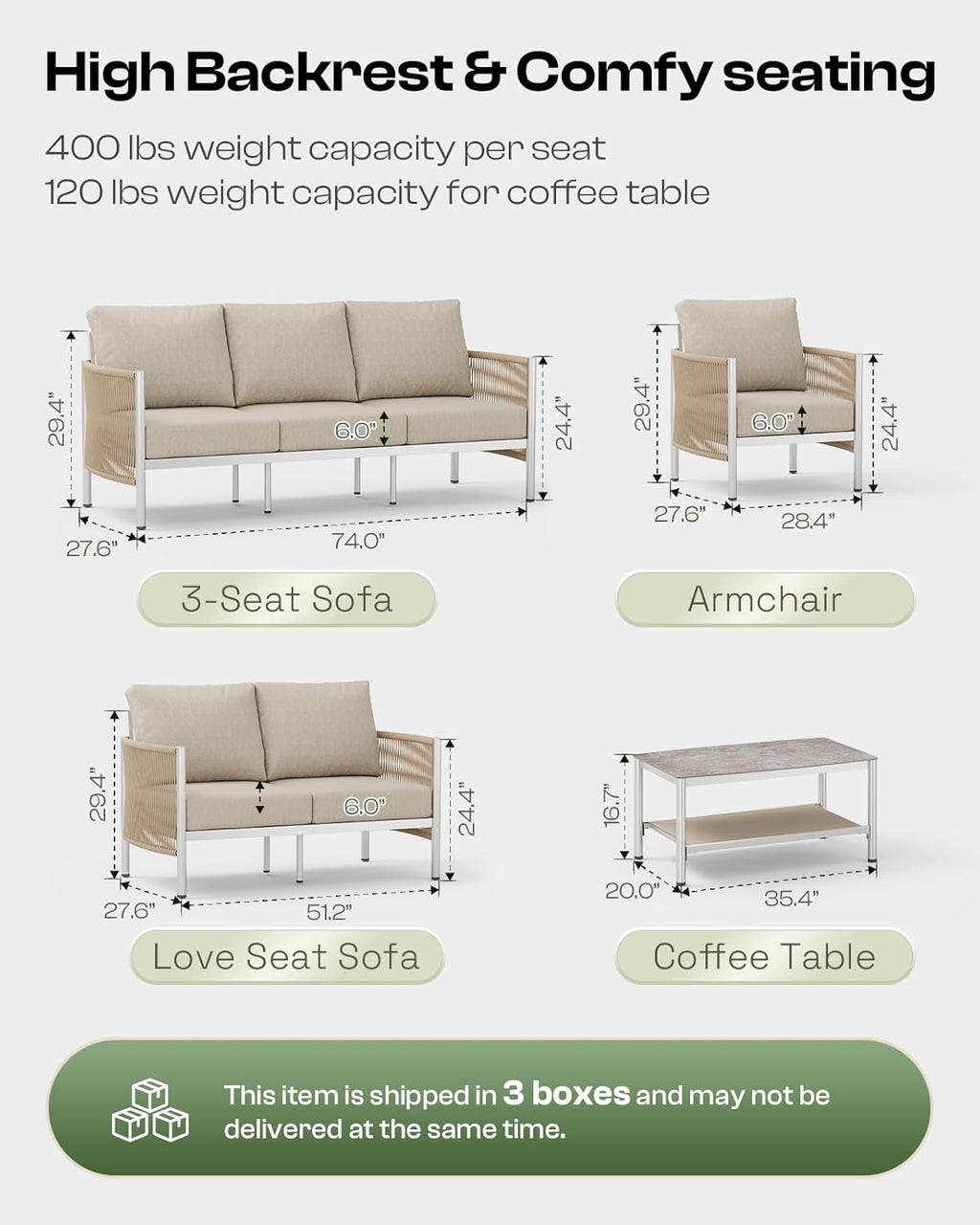 Aluminum Outdoor Patio Furniture Set, HDPE Rope 5 Piece Modern Sectional Conversation Sets with Dual-Layer Coffee Table, All Weather Patio Couch Set with Thick Cushions, Silver Frame, Beige