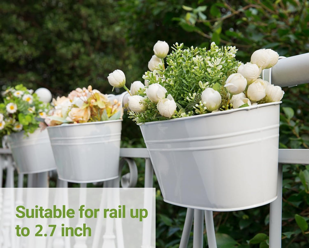 Dahey 3 Pcs Metal Iron Hanging Flower Pots for Railing Fence Hanging Bucket Pots Countryside Style Window Flower Plant Holder with Detachable Hooks Home Decor,White