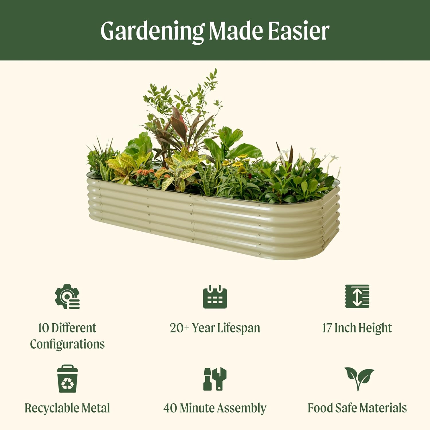 Vego garden Raised Garden Bed Kit, 17" Tall 10 in 1 Modular Metal Planter Box for Vegetables, Flowers, Herbs, Pearl White