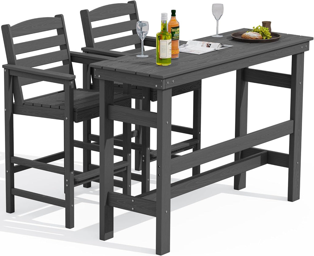 SERWALL Outdoor Bar Table and Chairs Set, Adirondack Bar Chairs Set of 2 and Bar Height Table, All Weather HDPE Outdoor Patio Bar Set, Outdoor Furniture for Outside, Poolside, Backyard, Garden, Grey