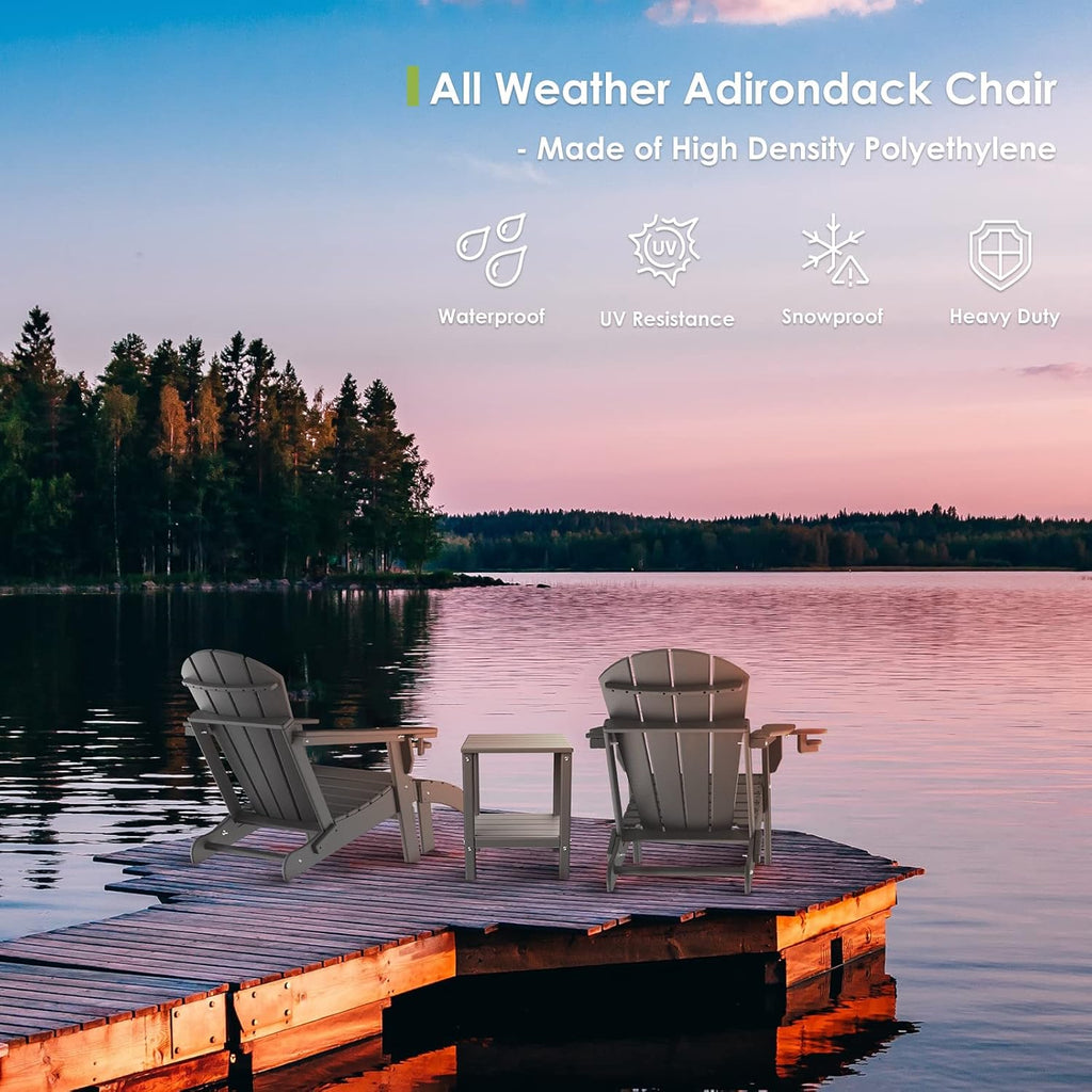 GREENVINES Folding-Adirondack-Chairs-Set-of-4 | HDPE Plastic | Fire Pit Chair | All Weather | Cup Holder | Grey | for Deck Backyard Patio Outdoor Garden