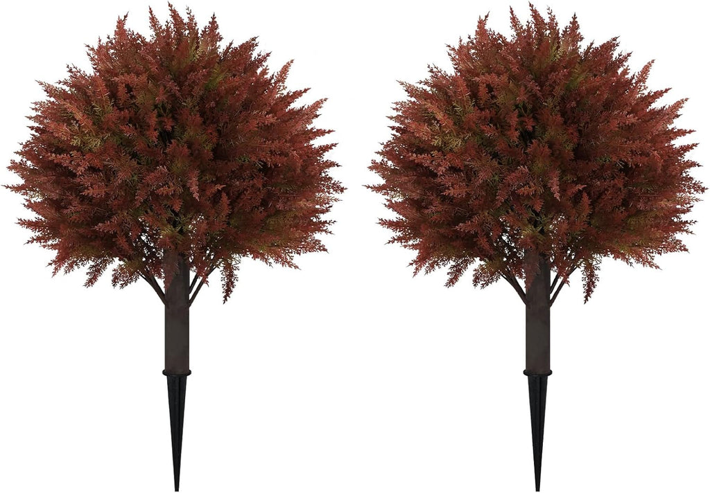 24" Artificial Cedar Topiary Ball Bushes, Set of 2 UV Resistant Fake Trees Outdoor Shrubs with Stake, Weatherproof Faux Plants for Planter, Front Porch, Garden, Yard, Patio Fall Decor