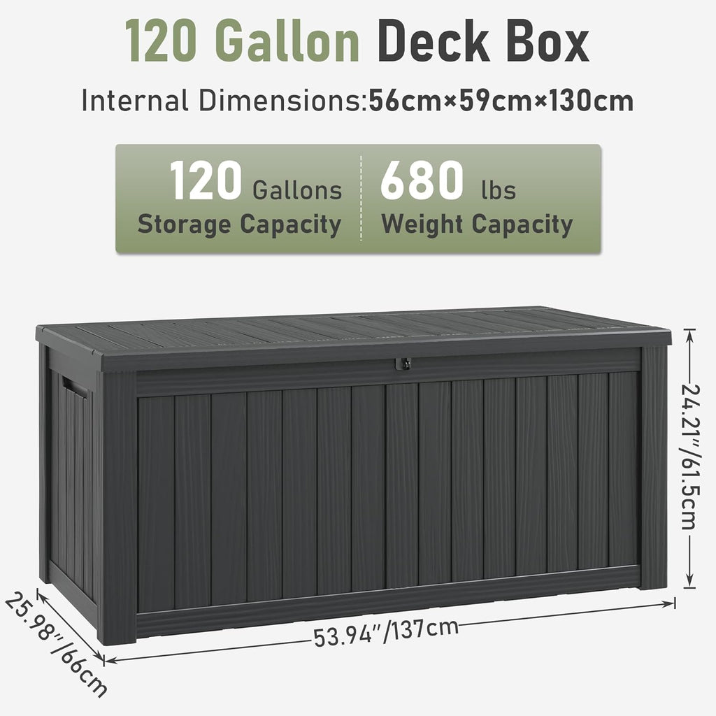 KAMABOKO Outdoor Storage Box, 120 Gallon Large Outdoor Resin Deck Box, Storage Waterproof Boxes Lockable Lid for Garden Tools, Pool Supplies, Patio Furniture and Cushions, Black