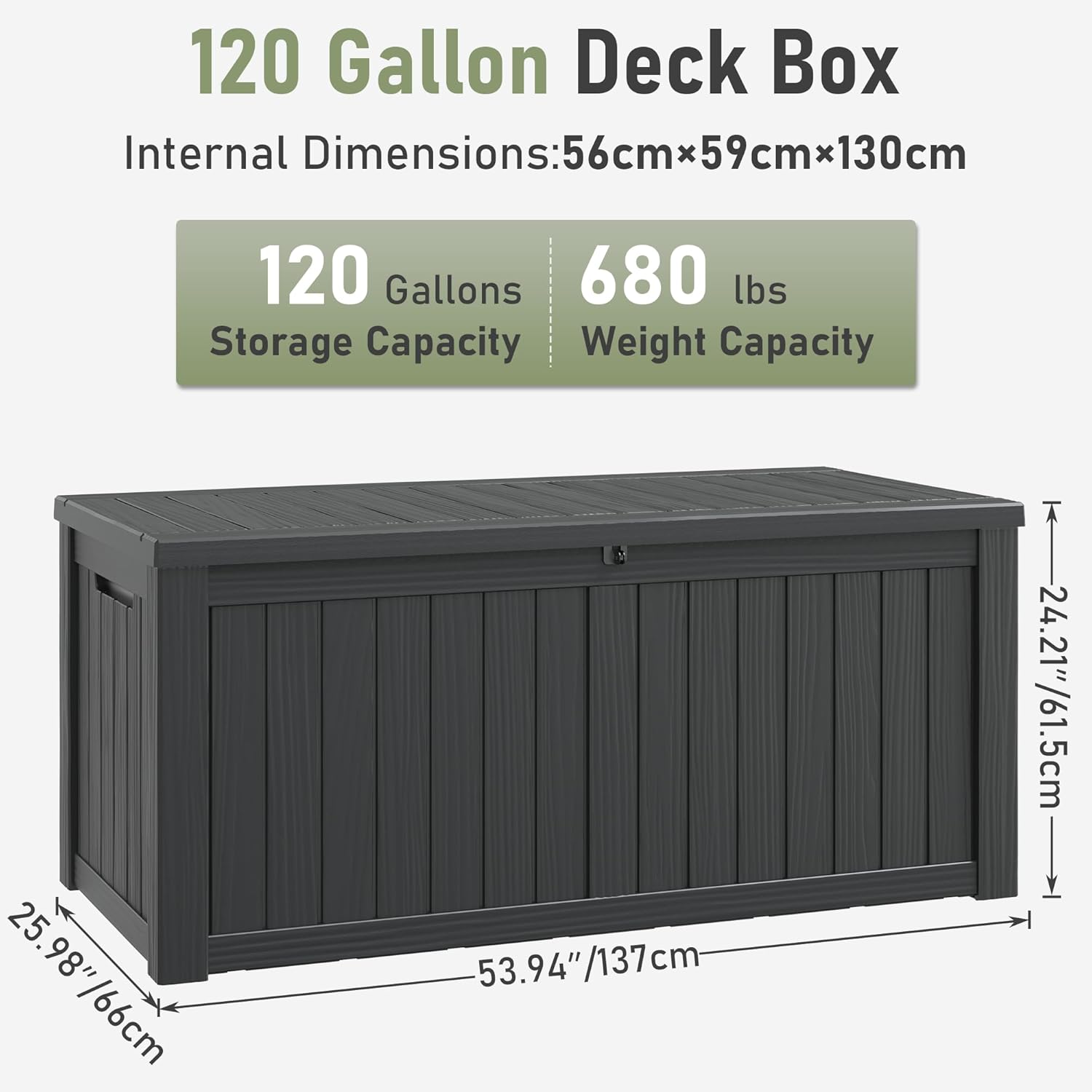 KAMABOKO Outdoor Storage Box, 120 Gallon Large Outdoor Resin Deck Box, Storage Waterproof Boxes Lockable Lid for Garden Tools, Pool Supplies, Patio Furniture and Cushions, Black