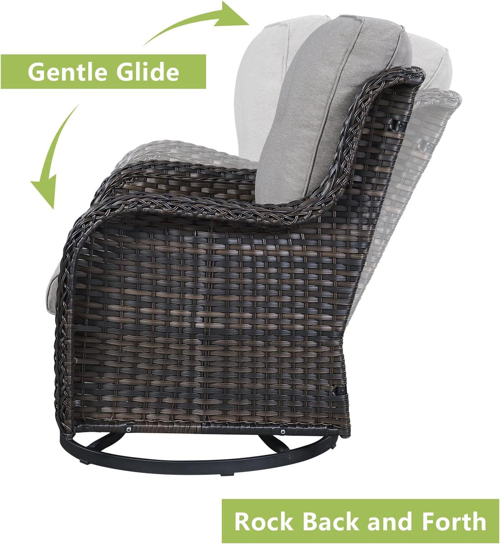 Outdoor Wicker Patio Furniture Set - 5 Piece Rattan Patio Conversation Set with 2 Rocking Swivel Chairs,2 Ottomans and 1 Loveseat for Porch Deck Backyard Garden(Brown/Grey)