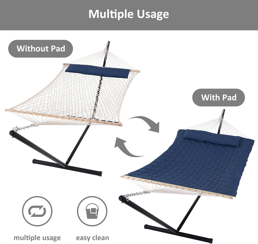 SUNCREAT Two Person Hammock with Stand, Heavy Duty Backyard Hammock and Stand, Navy Drops