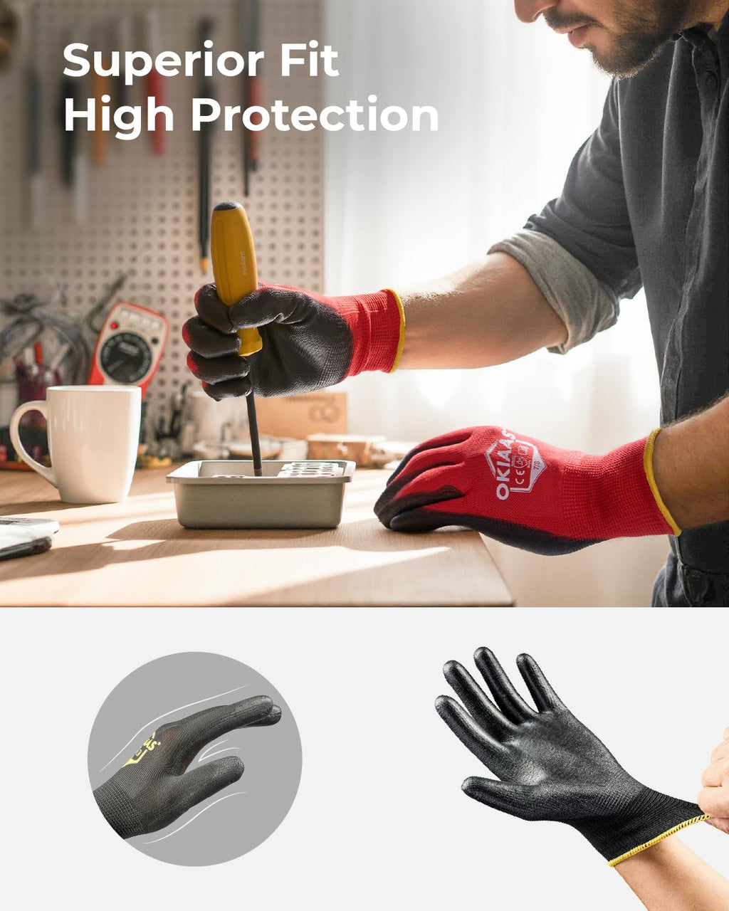 OKIAAS Work Gloves for Men，Ultra Thin and Lightweight Working Gloves with Grip, 12 Pairs Bulk Pack Construction Gloves with Polyurethane Coating, Safety Gloves for Light Duty Work (Green, Large)