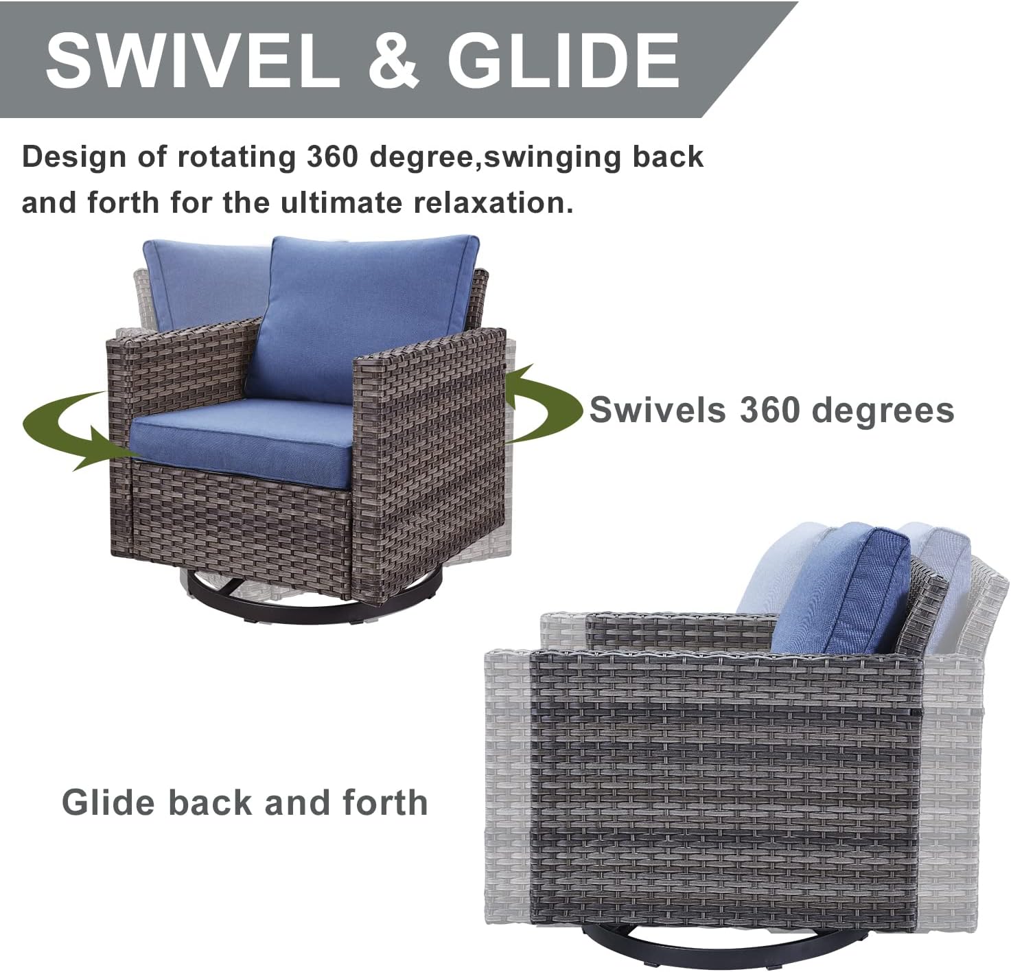 HUMMUH Patio Swivel Chairs Set of 2,PE Wicker Outdoor Rocker Chairs Bistro Set Porch Balcony Furniture with Cushions
