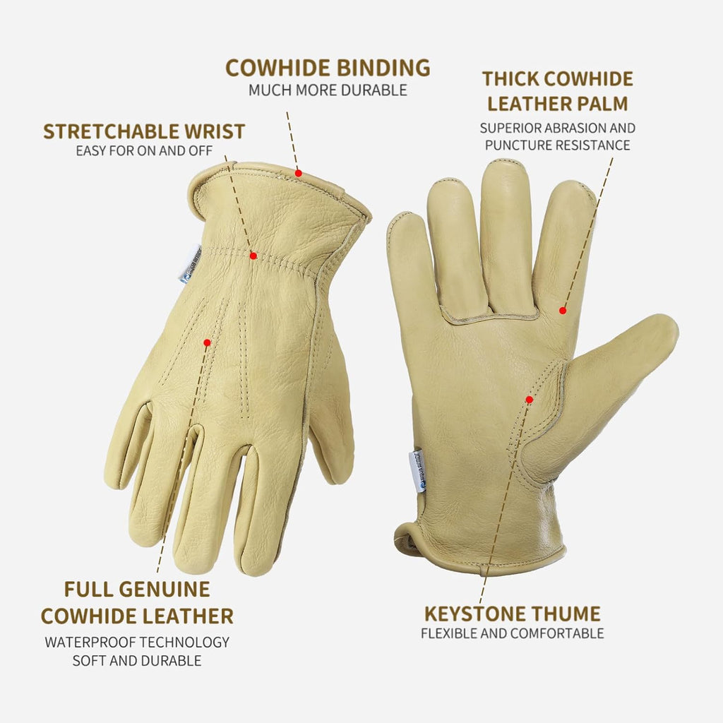 HLDD HANDLANDY Leather Work Gloves for Men & Women, Adjustable Wrist Cowhide Gardening Glove with Reinforced Palm for Driver